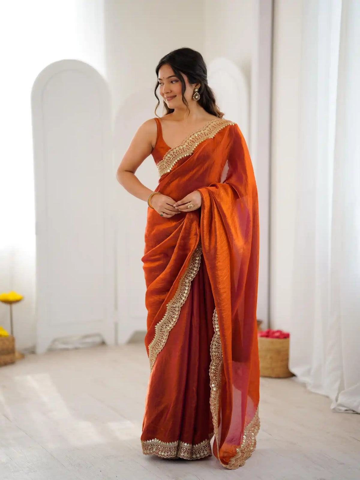 Orange Two Tone Fendy Satin Silk Embroidered Saree - View 1
