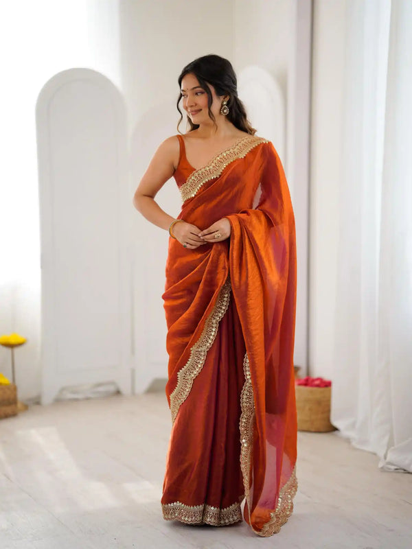 Orange Two Tone Fendy Satin Silk Embroidered Saree - View 1