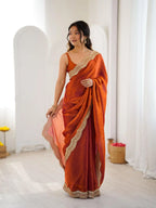 Orange Two Tone Fendy Satin Silk Embroidered Saree - View 2