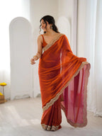 Orange Two Tone Fendy Satin Silk Embroidered Saree - View 3