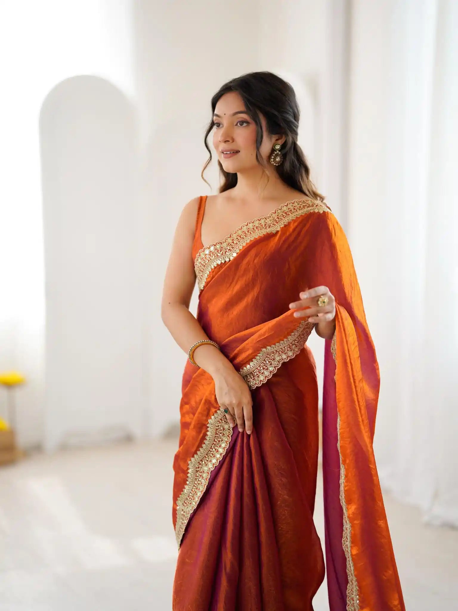 Orange Two Tone Fendy Satin Silk Embroidered Saree - View 4