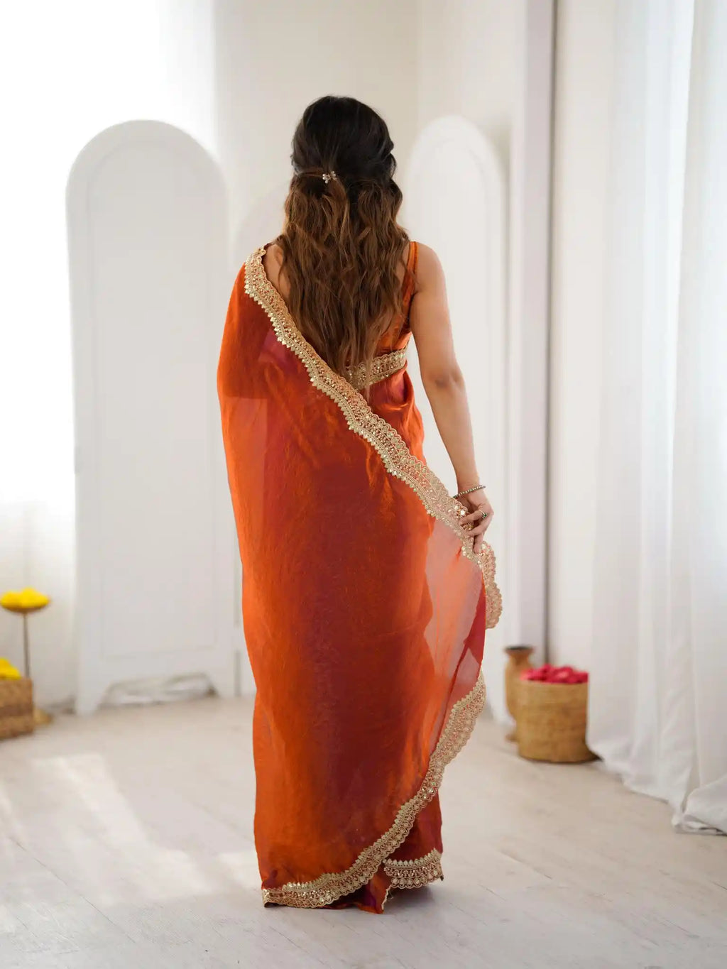Orange Two Tone Fendy Satin Silk Embroidered Saree - View 5