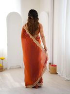 Orange Two Tone Fendy Satin Silk Embroidered Saree - View 5