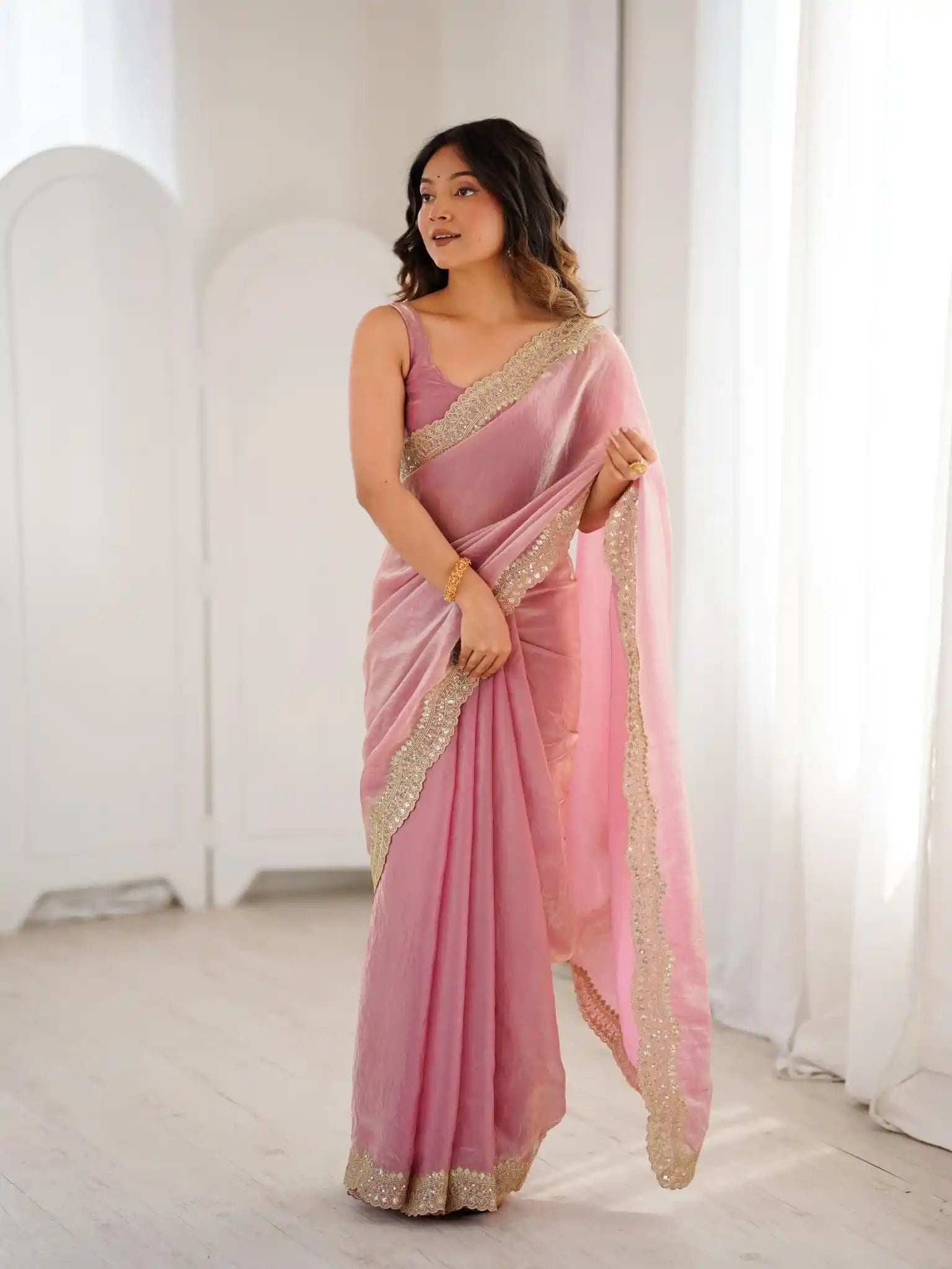 Pink Two Tone Fendy Satin Silk Embroidered Saree - View 1