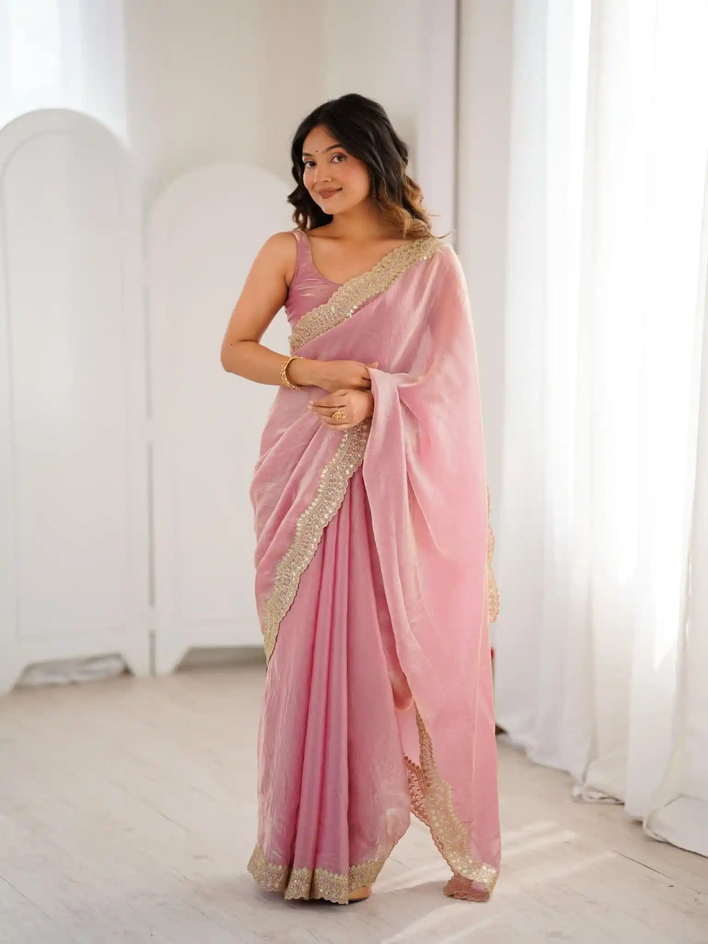 Pink Two Tone Fendy Satin Silk Embroidered Saree - View 3
