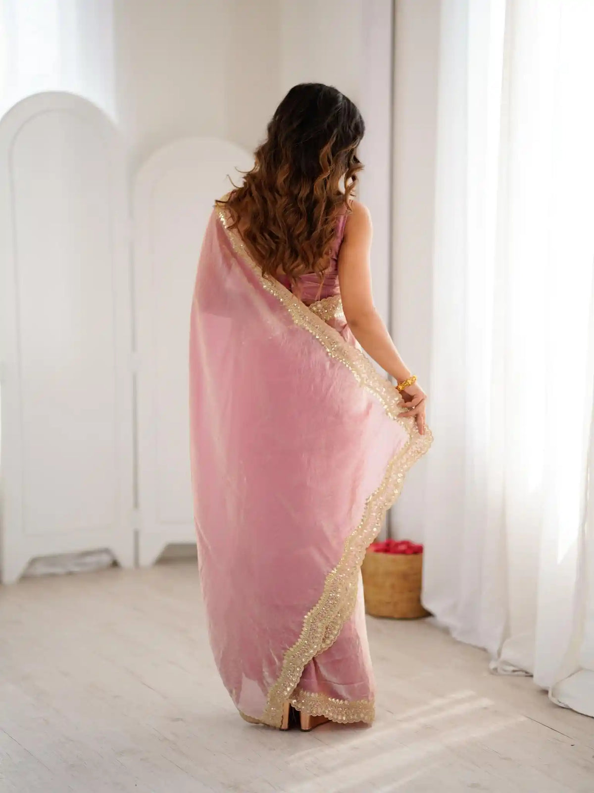 Pink Two Tone Fendy Satin Silk Embroidered Saree - View 5