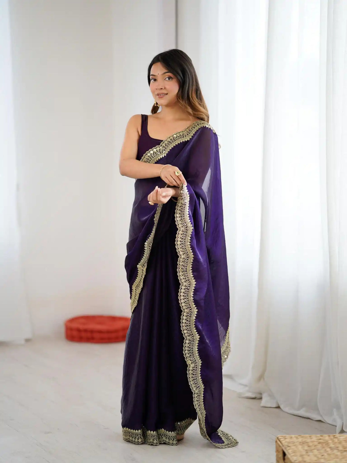 Purple Two Tone Fendy Satin Silk Embroidered Saree - View 1