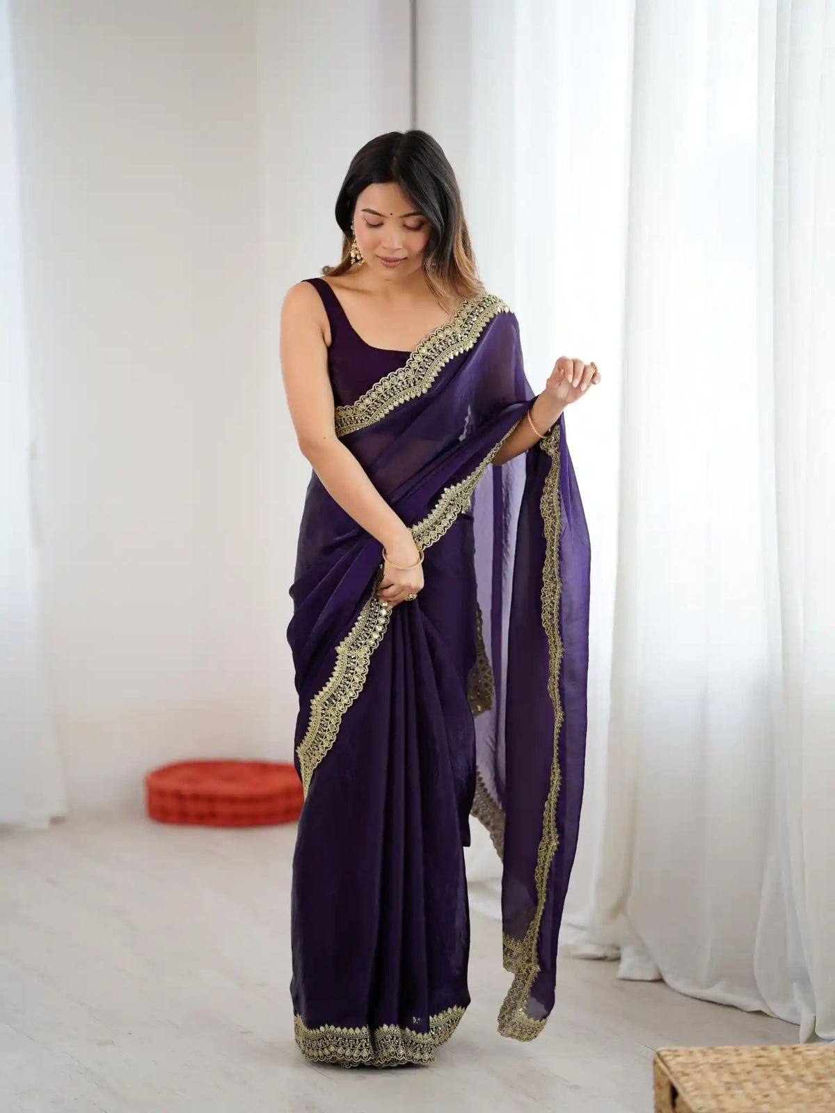 Purple Two Tone Fendy Satin Silk Embroidered Saree - View 2