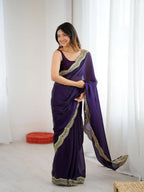 Purple Two Tone Fendy Satin Silk Embroidered Saree - View 3