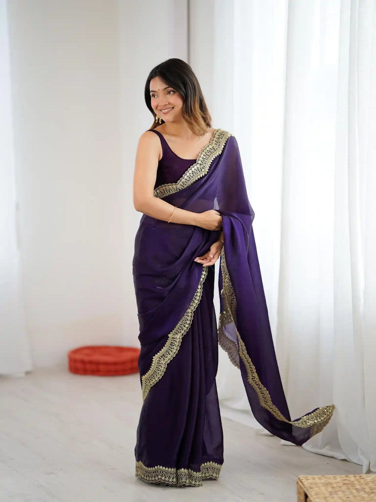 Purple Two Tone Fendy Satin Silk Embroidered Saree - View 3