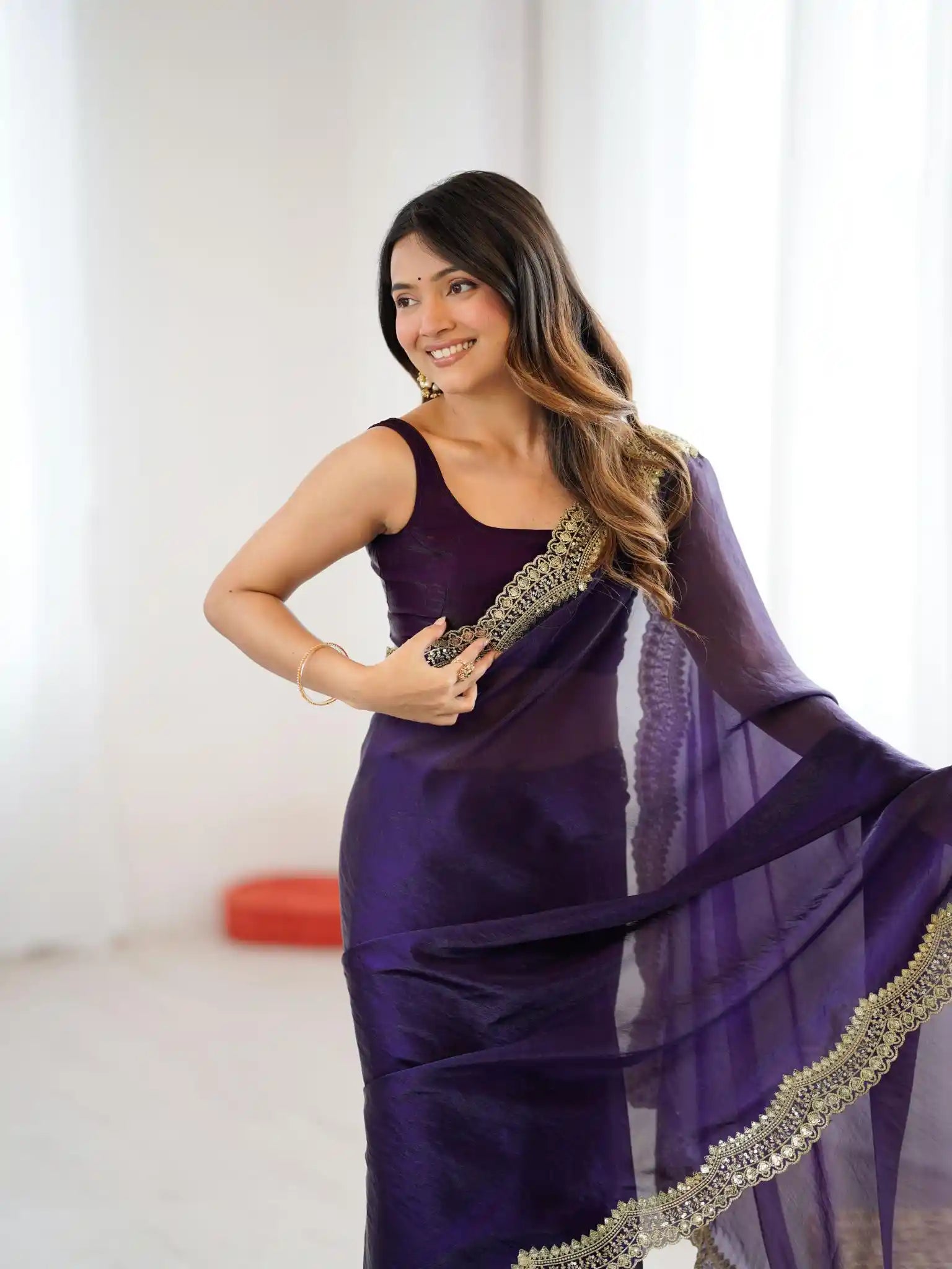 Purple Two Tone Fendy Satin Silk Embroidered Saree - View 4