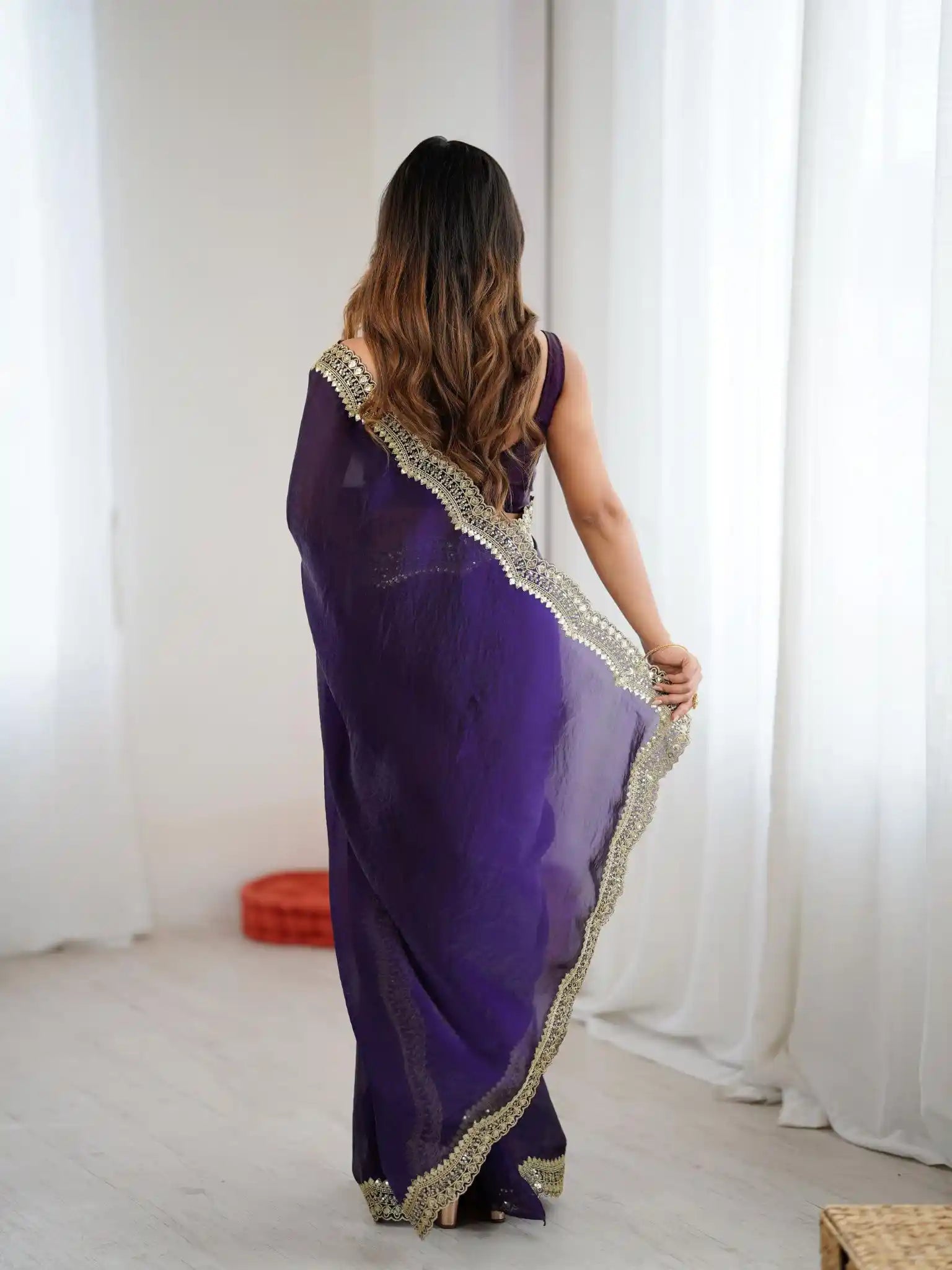 Purple Two Tone Fendy Satin Silk Embroidered Saree - View 5