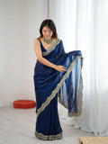 Teal Two Tone Fendy Satin Silk Embroidered Saree