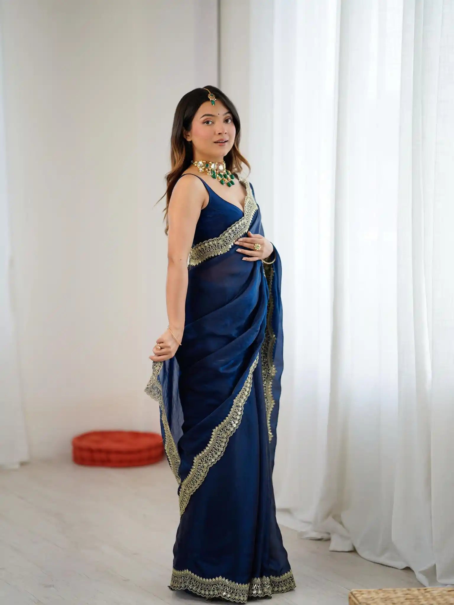 Teal Two Tone Fendy Satin Silk Embroidered Saree - View 2