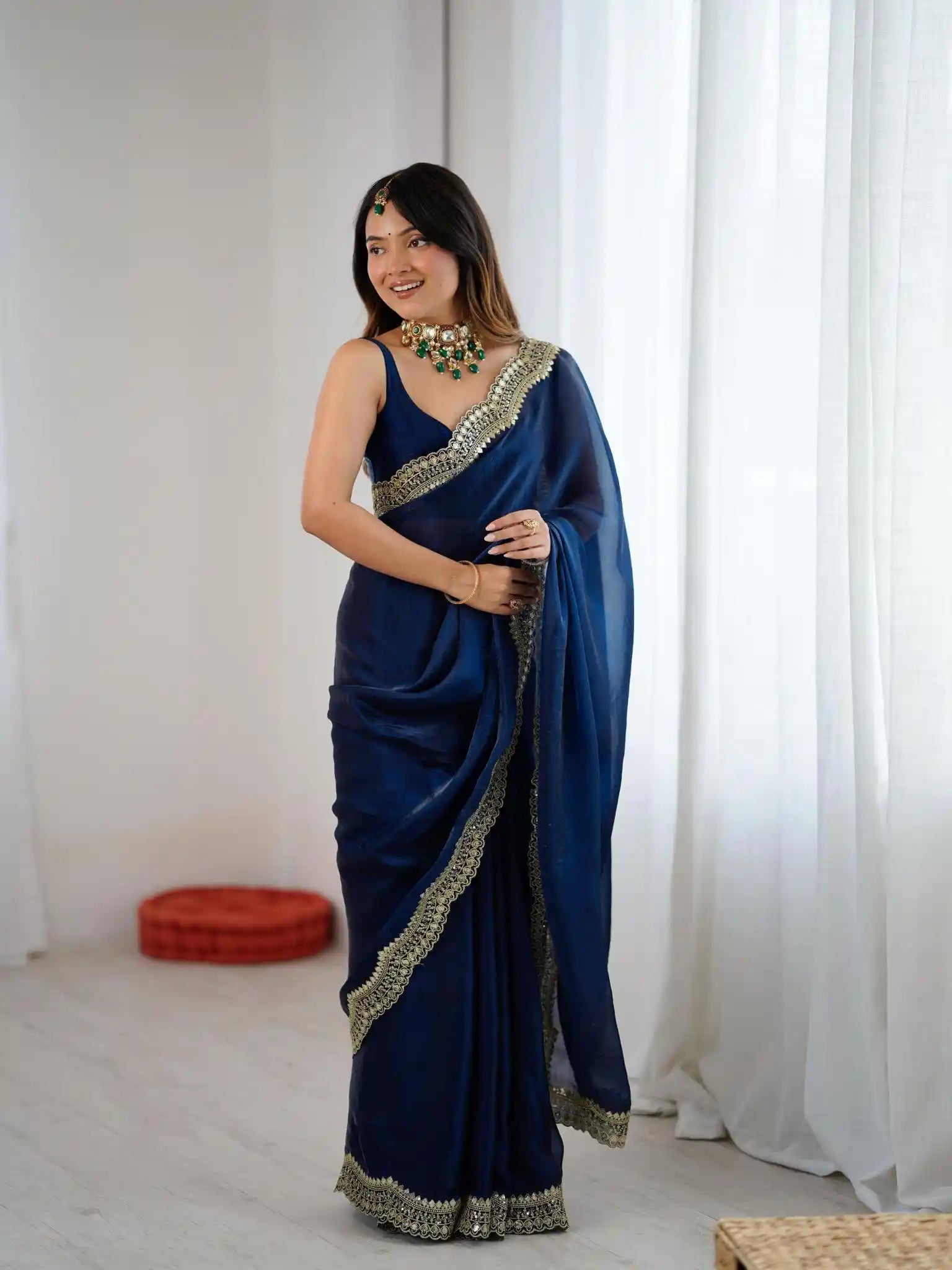 Teal Two Tone Fendy Satin Silk Embroidered Saree - View 3