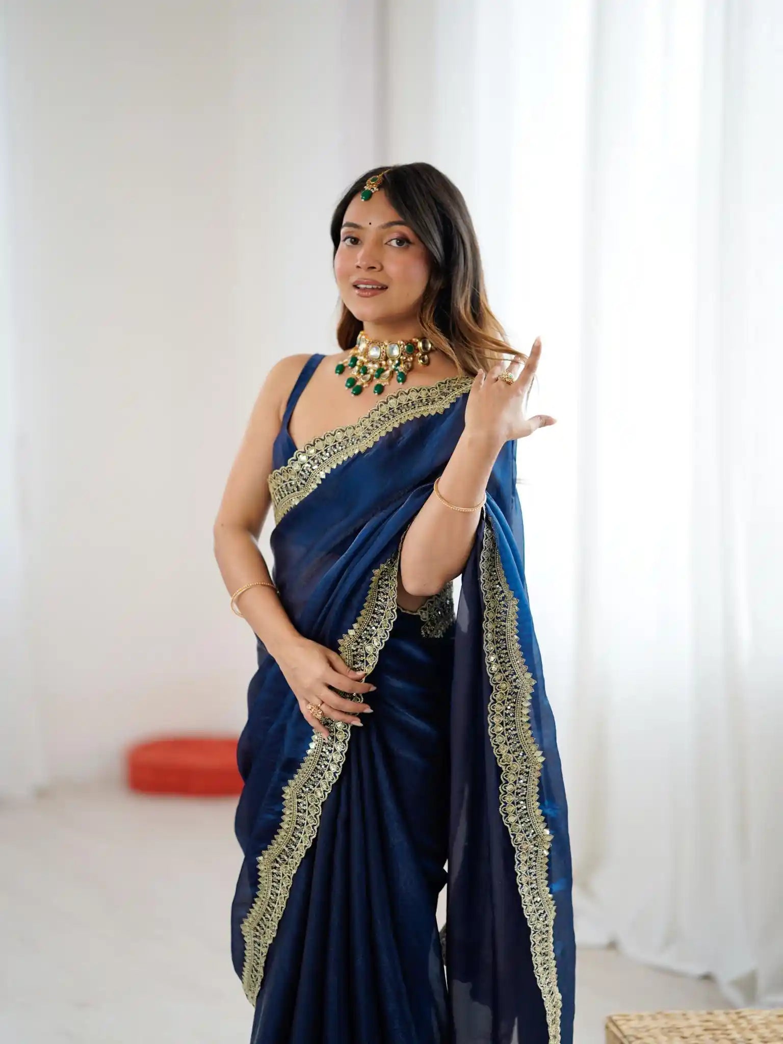 Teal Two Tone Fendy Satin Silk Embroidered Saree - View 4