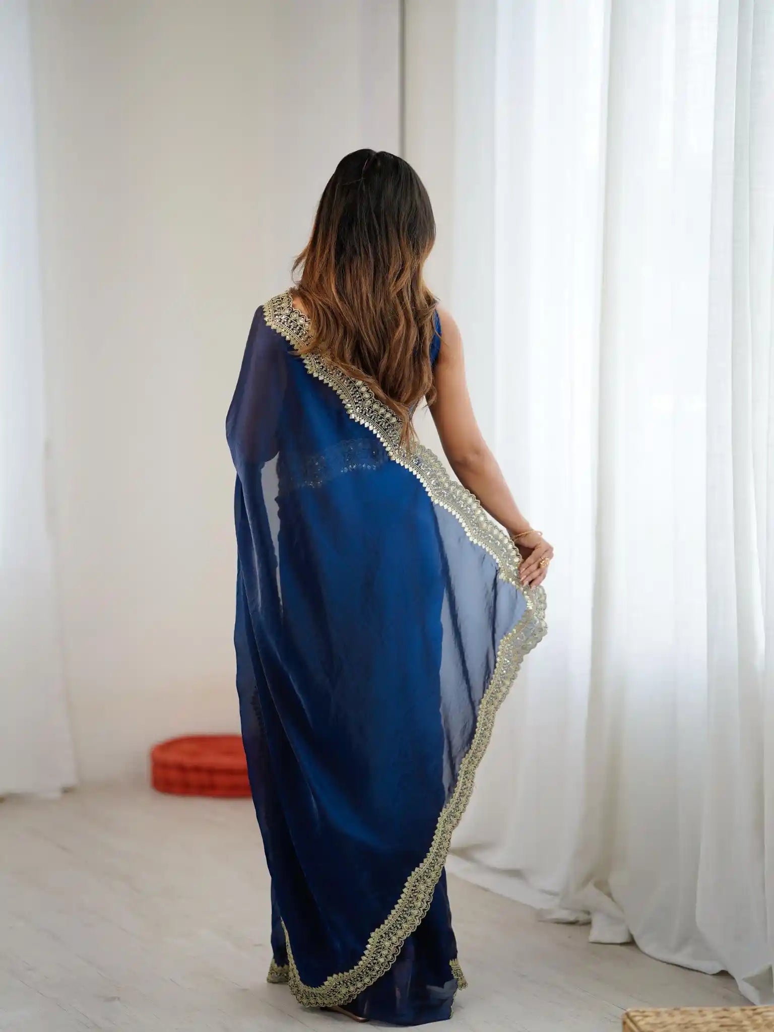 Teal Two Tone Fendy Satin Silk Embroidered Saree - View 5