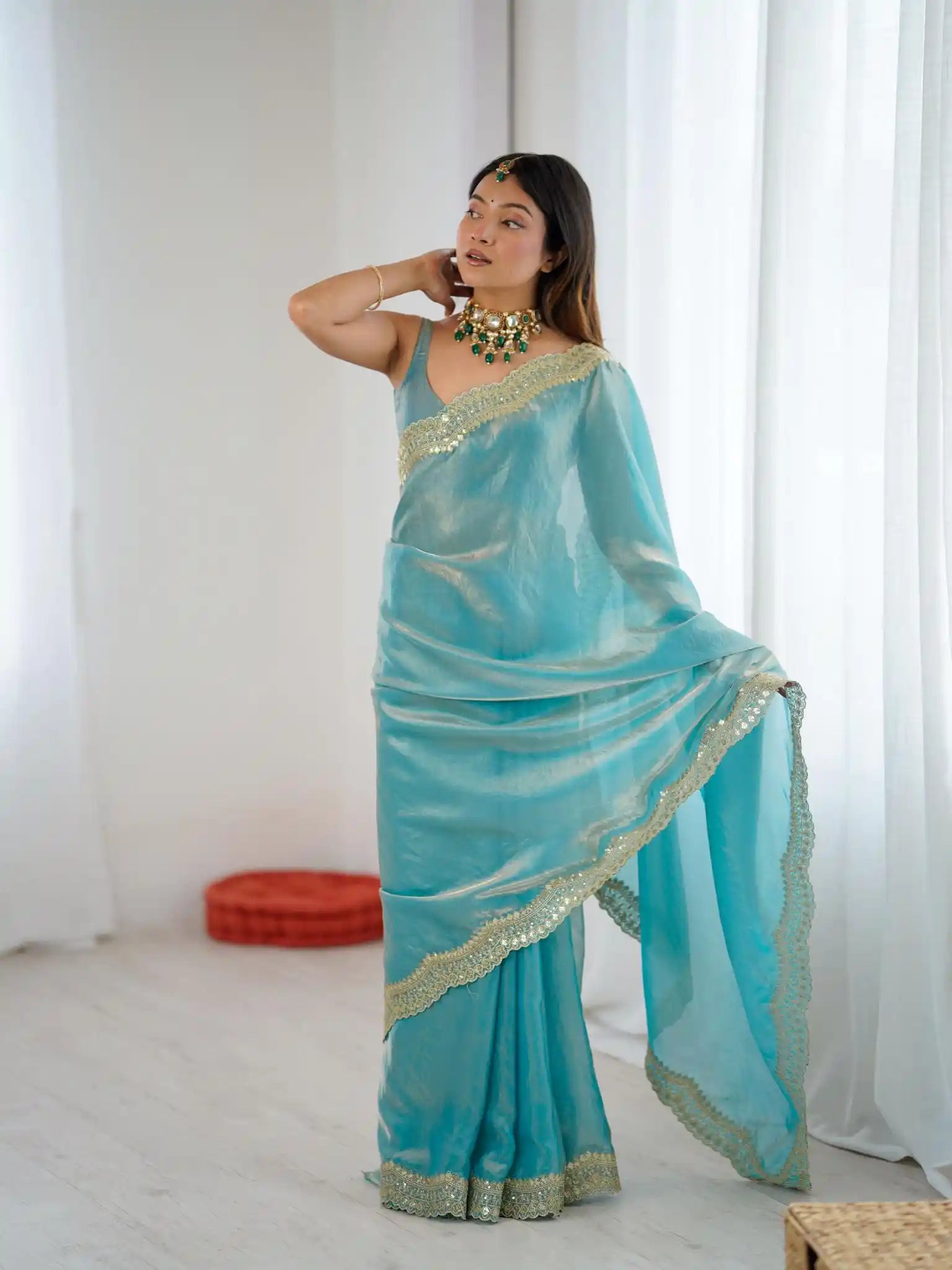 Sky Blue Two Tone Fendy Satin Silk Embroidered Saree - View 1