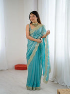 Sky Blue Two Tone Fendy Satin Silk Embroidered Saree - View 2