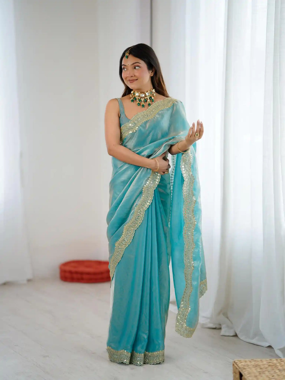 Sky Blue Two Tone Fendy Satin Silk Embroidered Saree - View 2