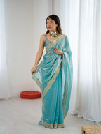 Sky Blue Two Tone Fendy Satin Silk Embroidered Saree - View 3