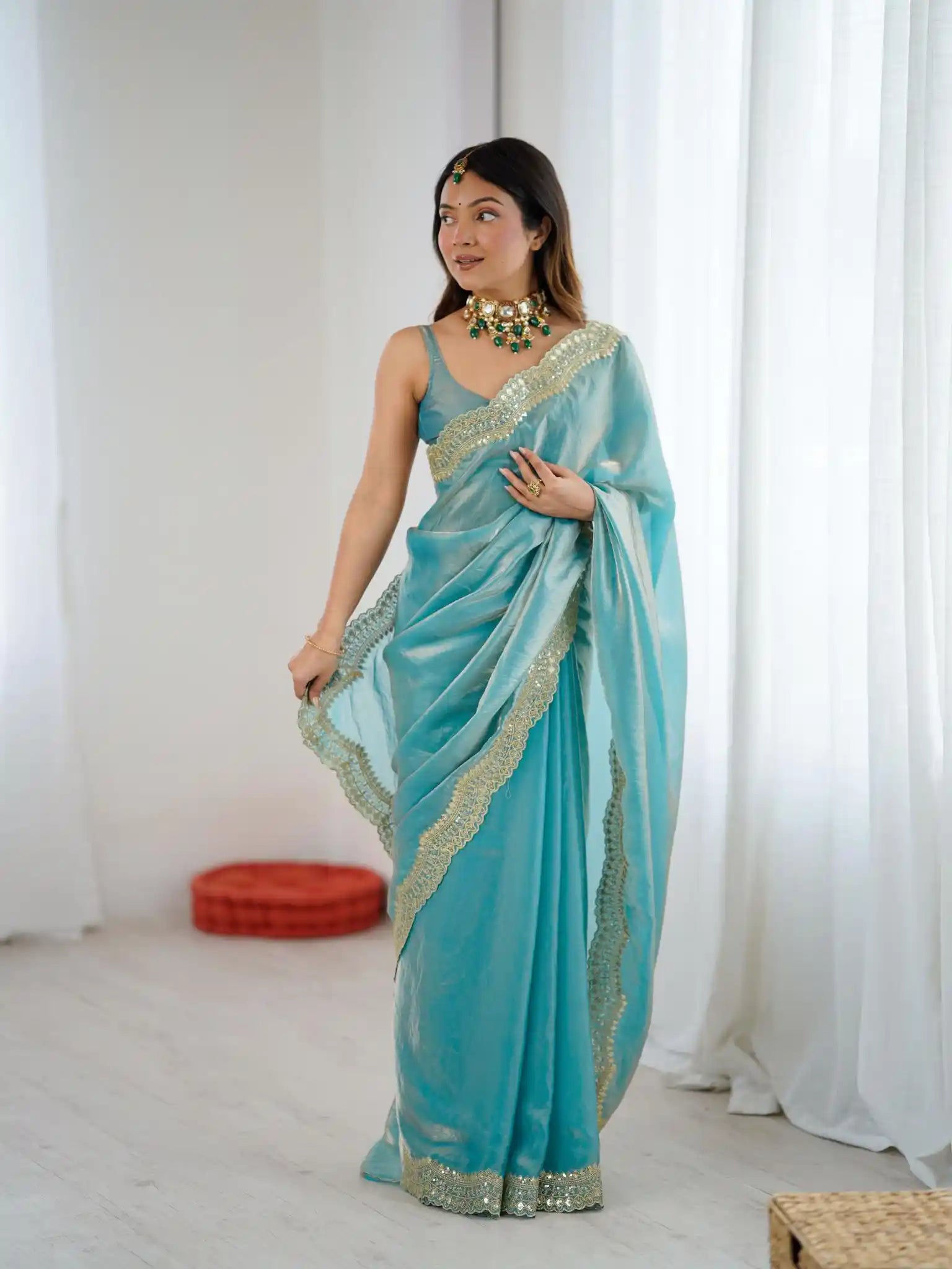 Sky Blue Two Tone Fendy Satin Silk Embroidered Saree - View 3