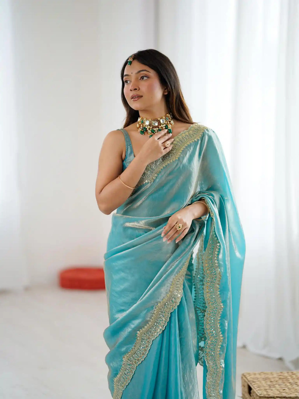 Sky Blue Two Tone Fendy Satin Silk Embroidered Saree - View 4