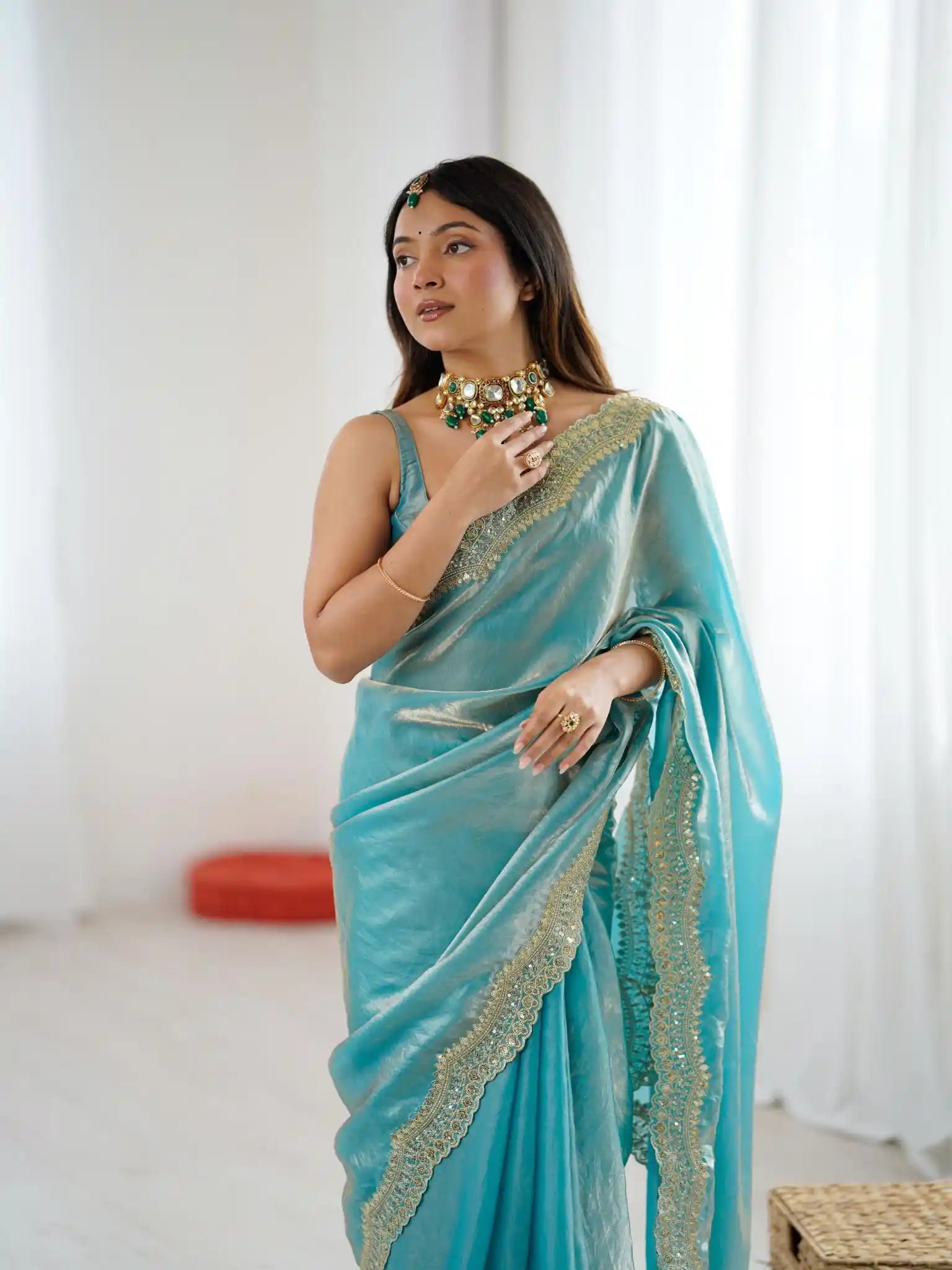 Sky Blue Two Tone Fendy Satin Silk Embroidered Saree - View 4
