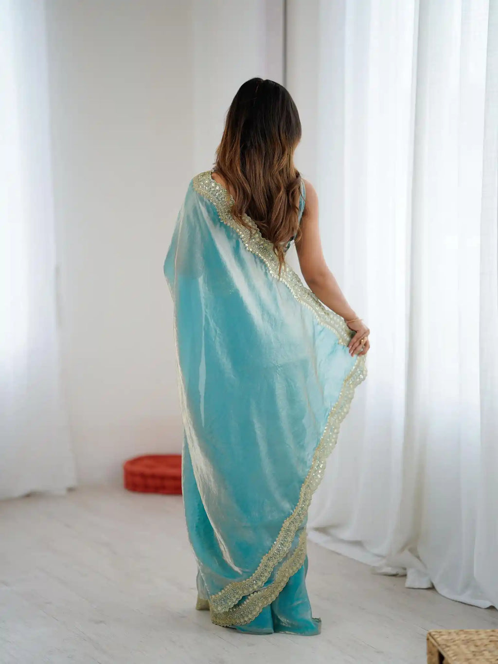 Sky Blue Two Tone Fendy Satin Silk Embroidered Saree - View 5