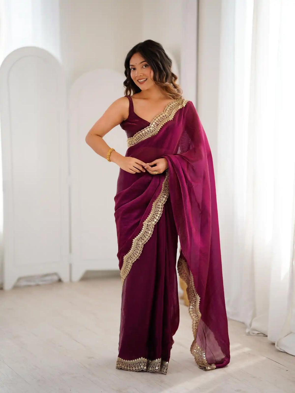 Wine Two Tone Fendy Satin Silk Embroidered Saree - View 1