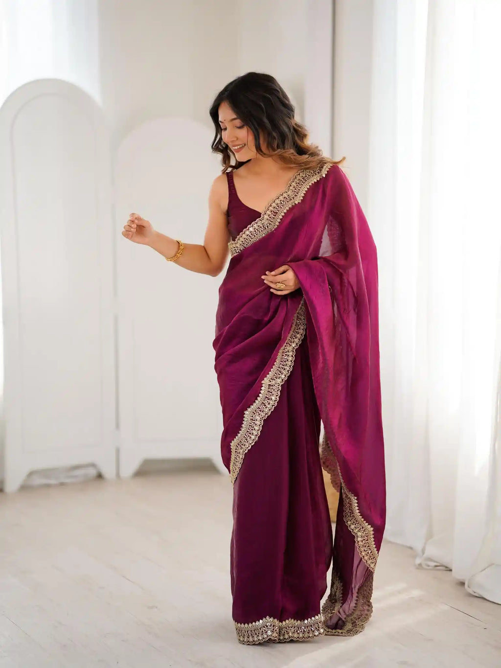 Wine Two Tone Fendy Satin Silk Embroidered Saree - View 2