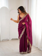 Wine Two Tone Fendy Satin Silk Embroidered Saree - View 2