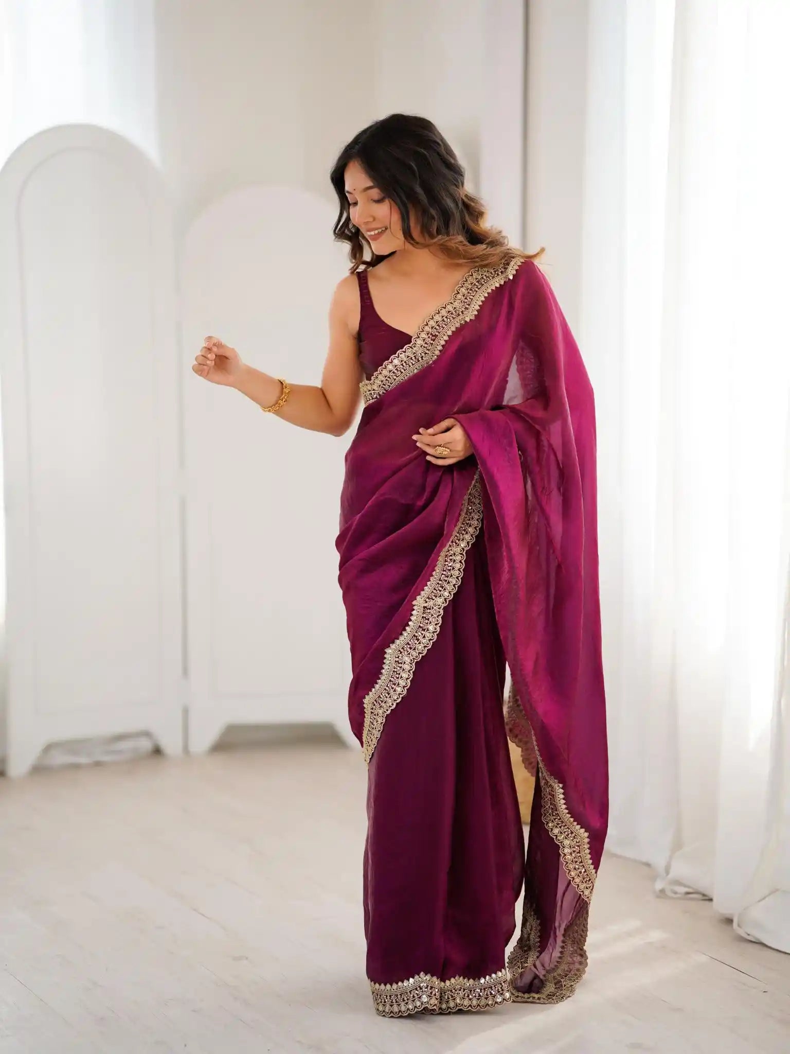 Wine Two Tone Fendy Satin Silk Embroidered Saree - View 2