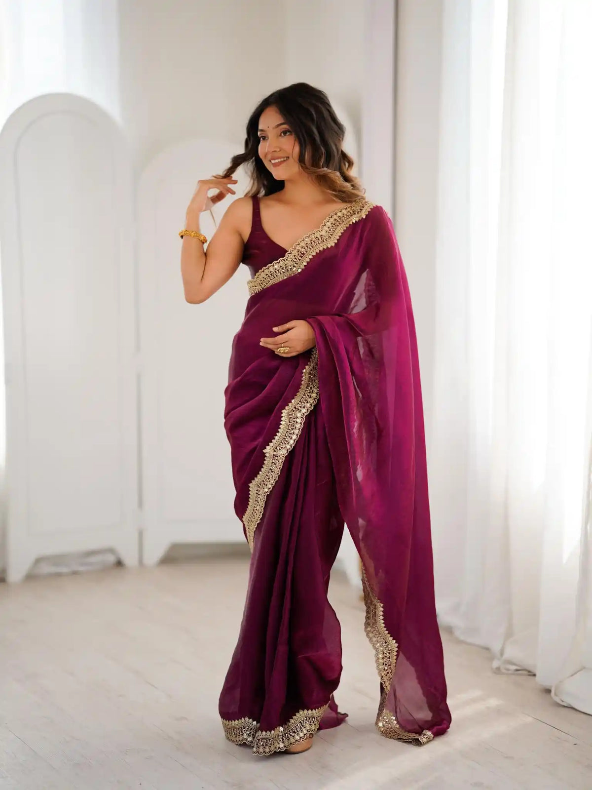 Wine Two Tone Fendy Satin Silk Embroidered Saree - View 3