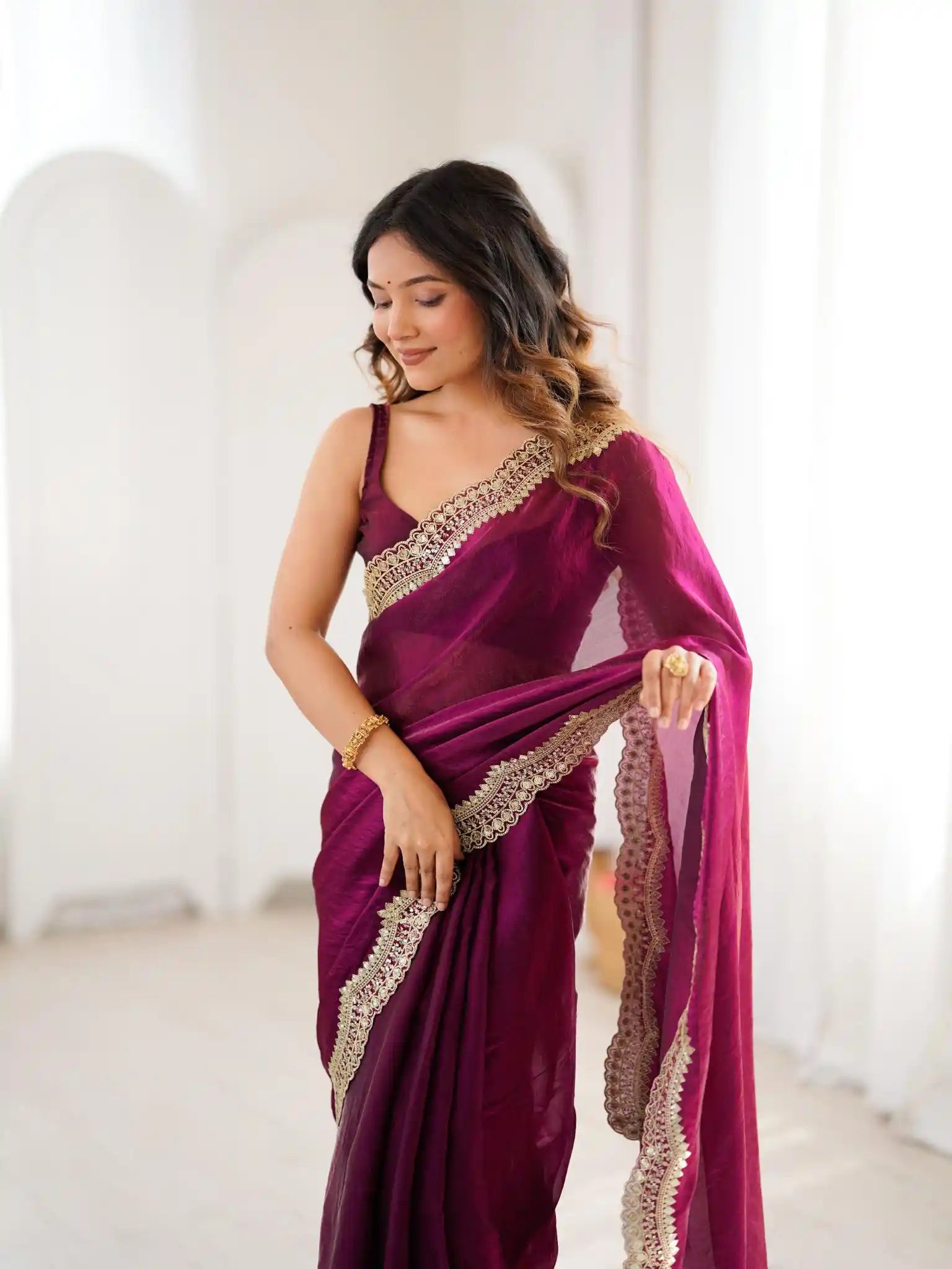 Wine Two Tone Fendy Satin Silk Embroidered Saree - View 4