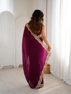 Wine Two Tone Fendy Satin Silk Embroidered Saree - View 5