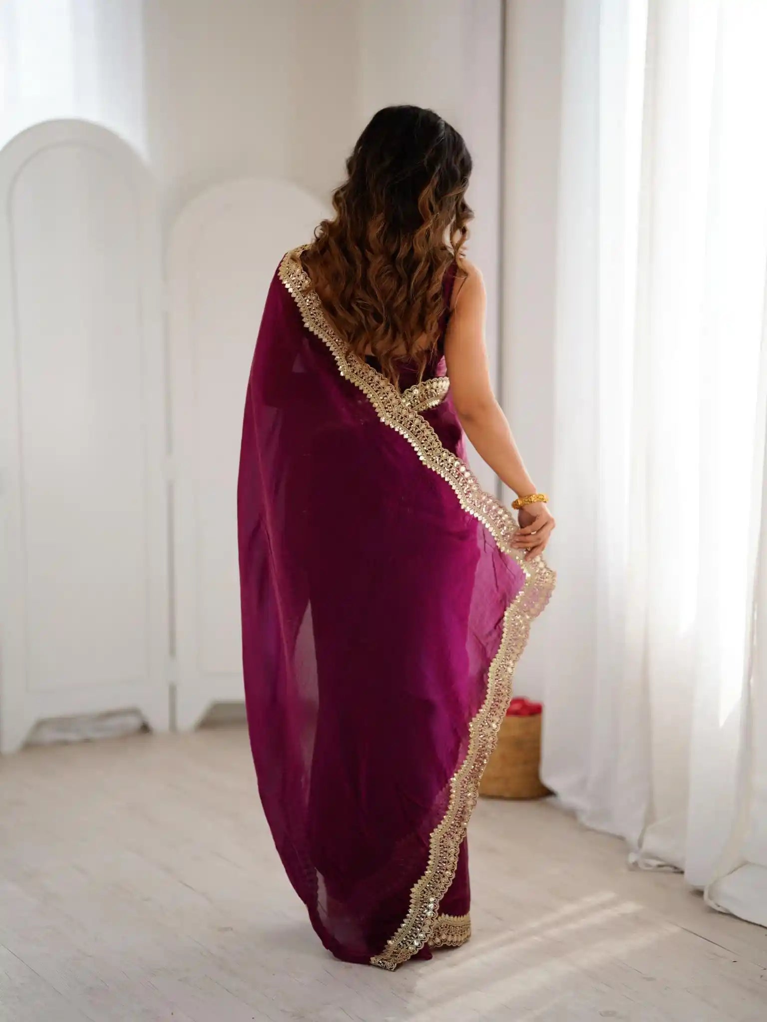 Wine Two Tone Fendy Satin Silk Embroidered Saree - View 5