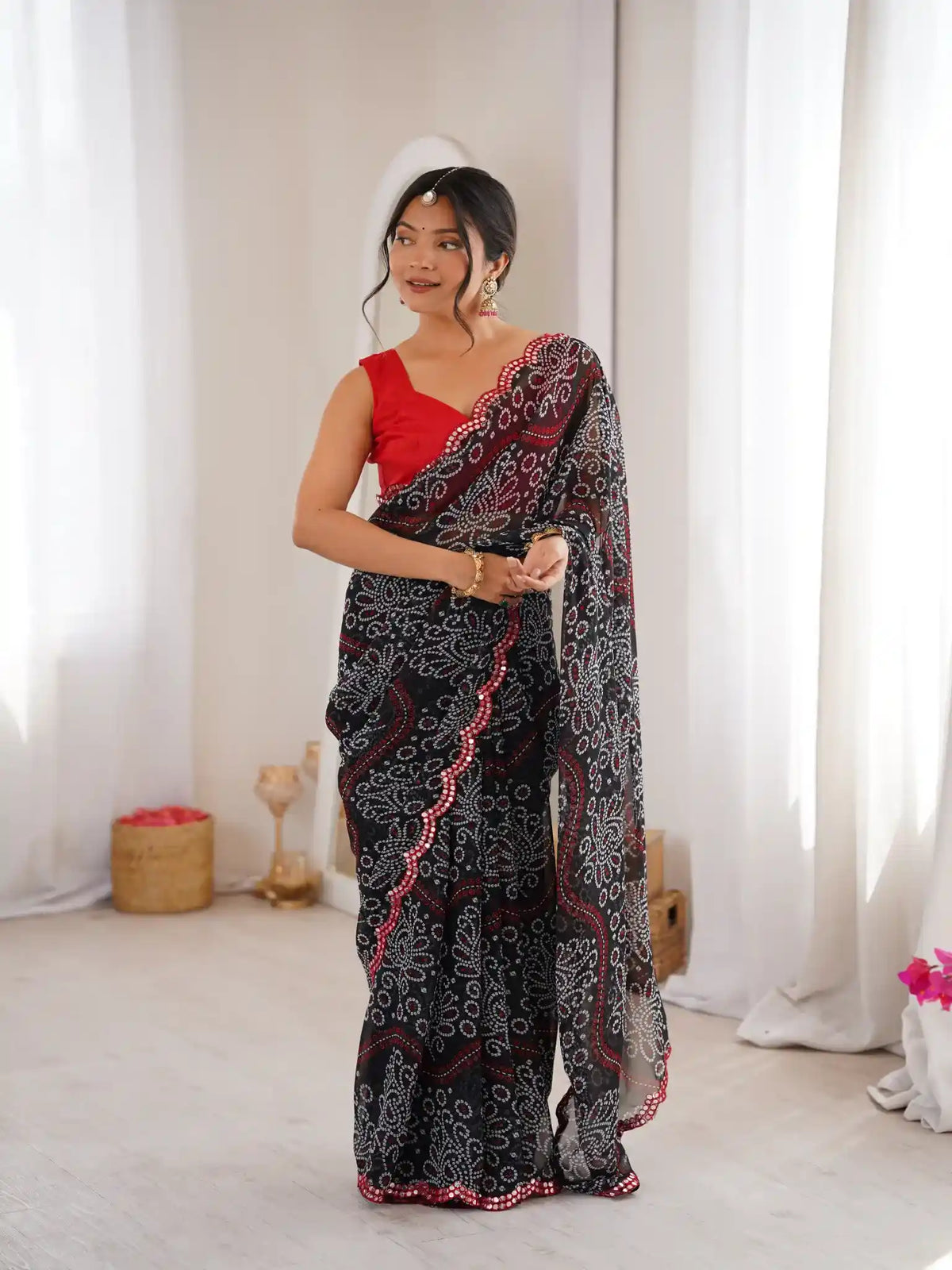 Black Georgette Bandhani Printed Mirror Work Saree - View 1