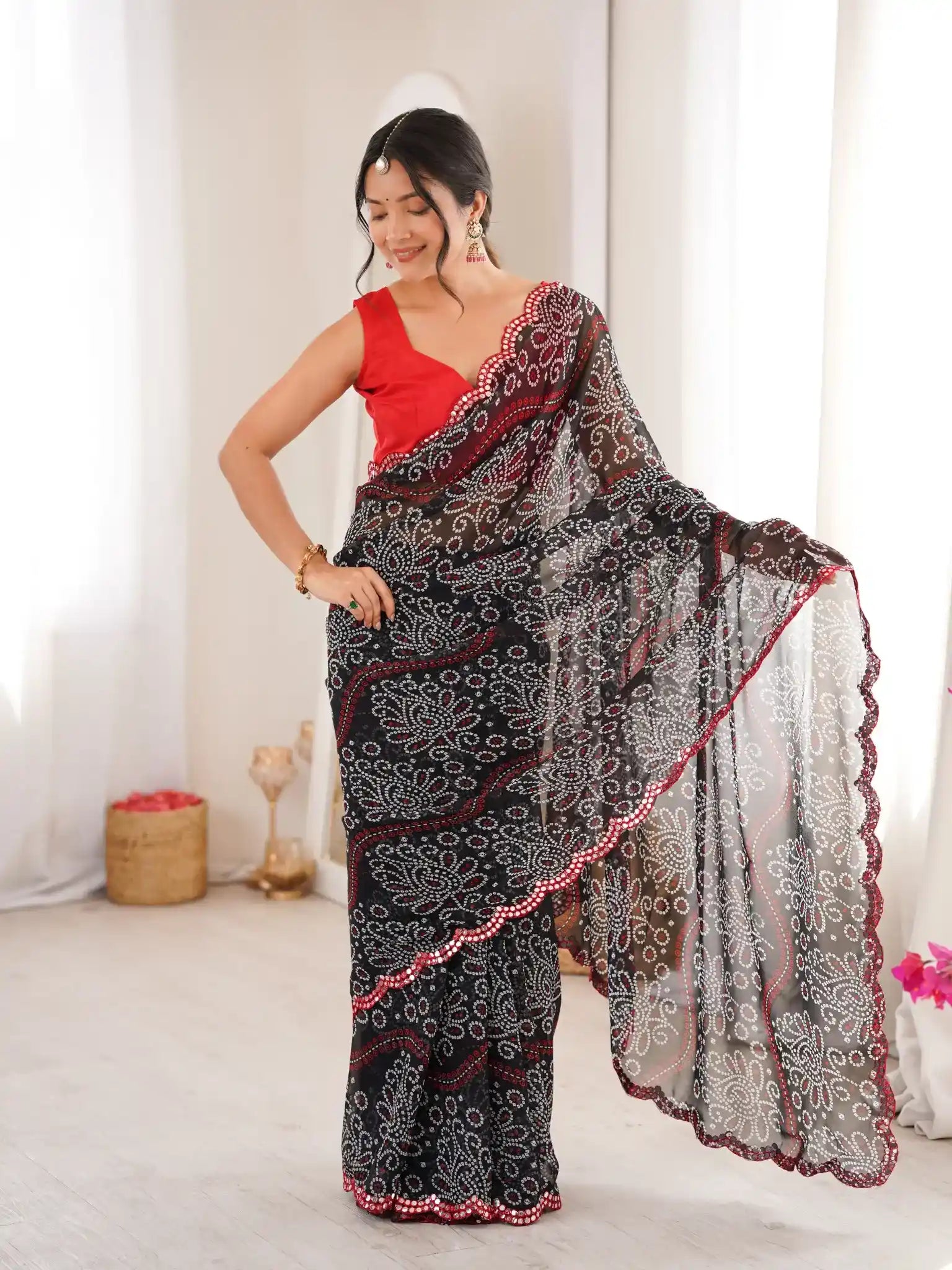 Black Georgette Bandhani Printed Mirror Work Saree - View 2
