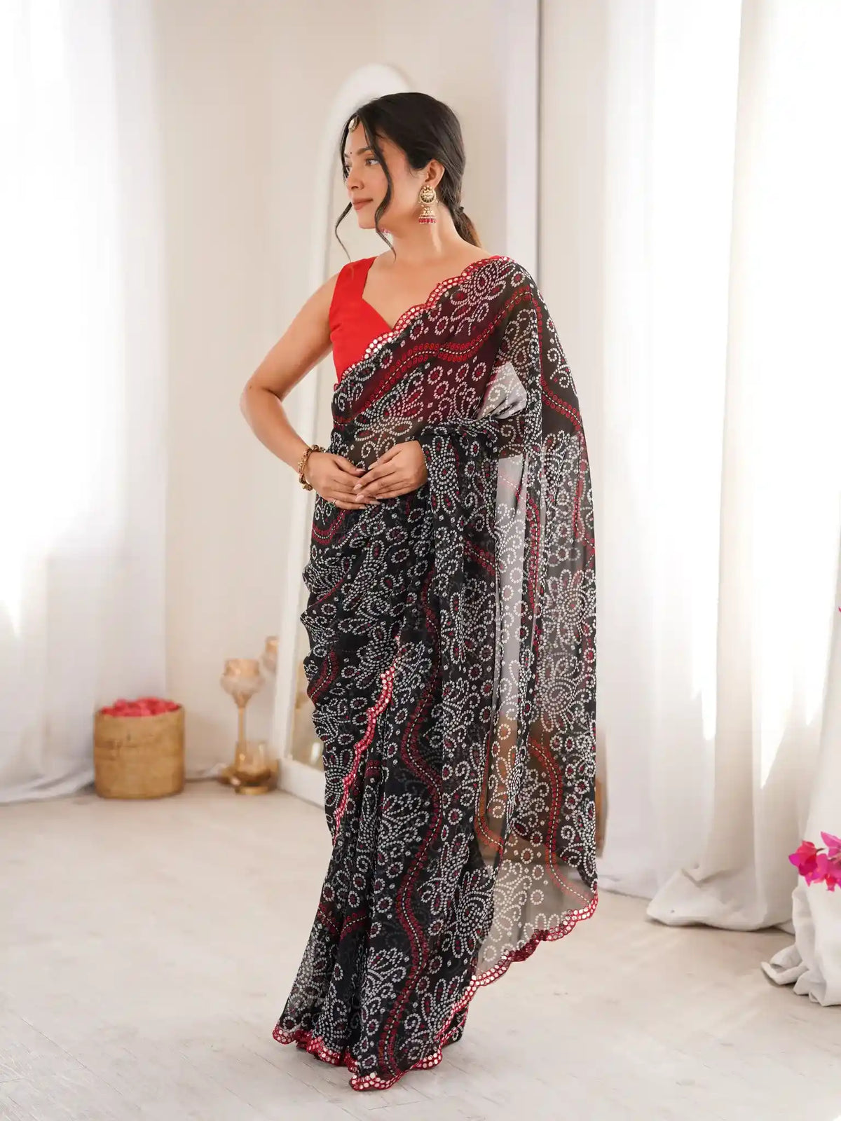 Black Georgette Bandhani Printed Mirror Work Saree - View 3
