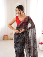 Black Georgette Bandhani Printed Mirror Work Saree - View 4