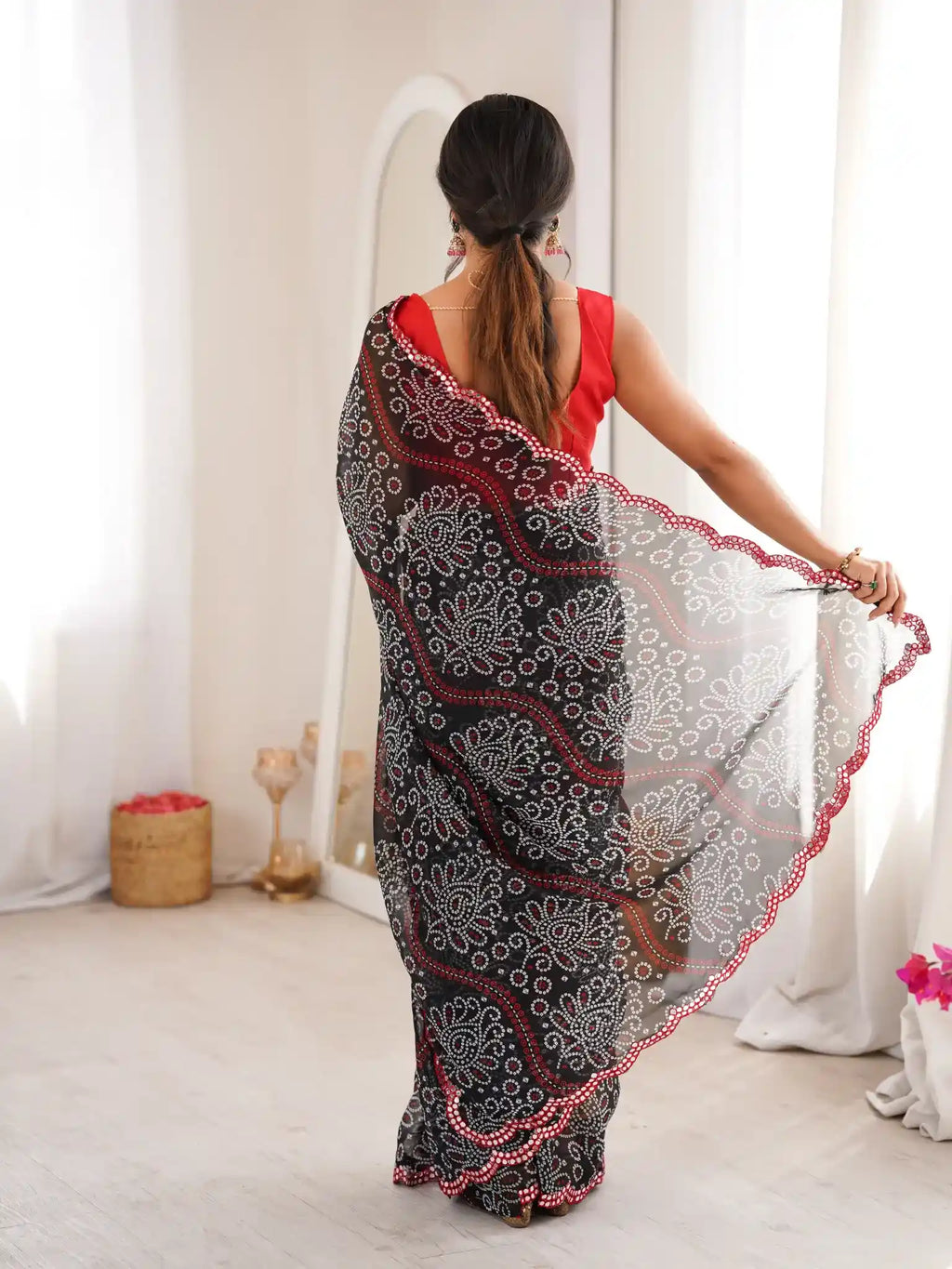 Black Georgette Bandhani Printed Mirror Work Saree - View 5