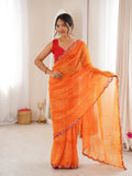 Orange Georgette Bandhani Printed Mirror Work Saree