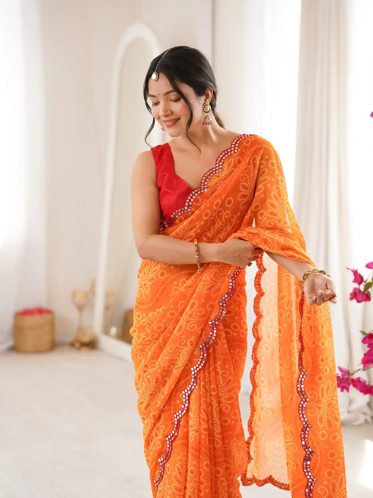 Orange Georgette Bandhani Printed Mirror Work Saree - View 4
