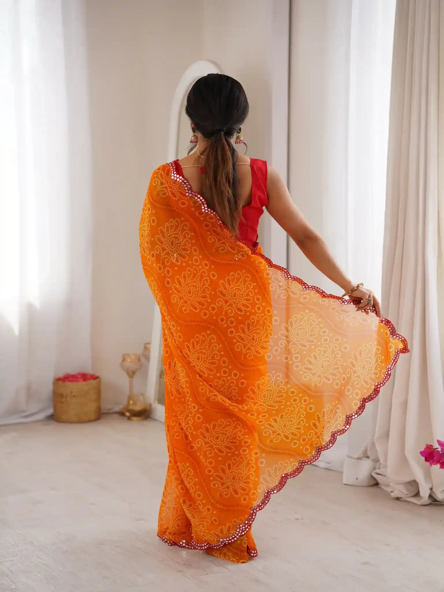 Orange Georgette Bandhani Printed Mirror Work Saree - View 5