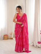 Pink Georgette Bandhani Printed Mirror Work Saree - View 1