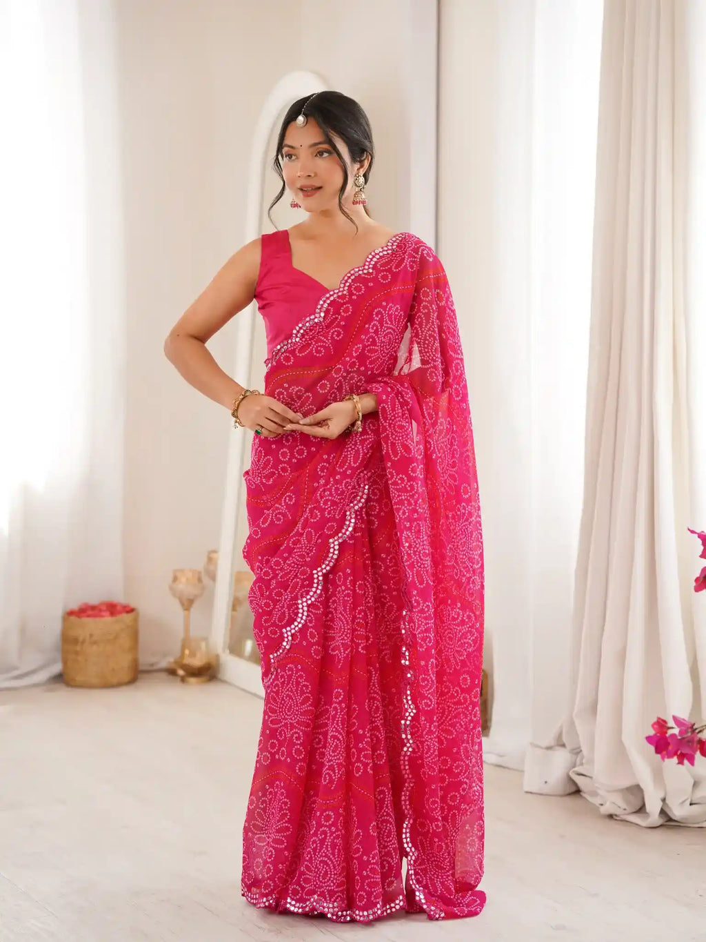 Pink Georgette Bandhani Printed Mirror Work Saree - View 3