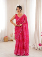 Pink Georgette Bandhani Printed Mirror Work Saree - View 3
