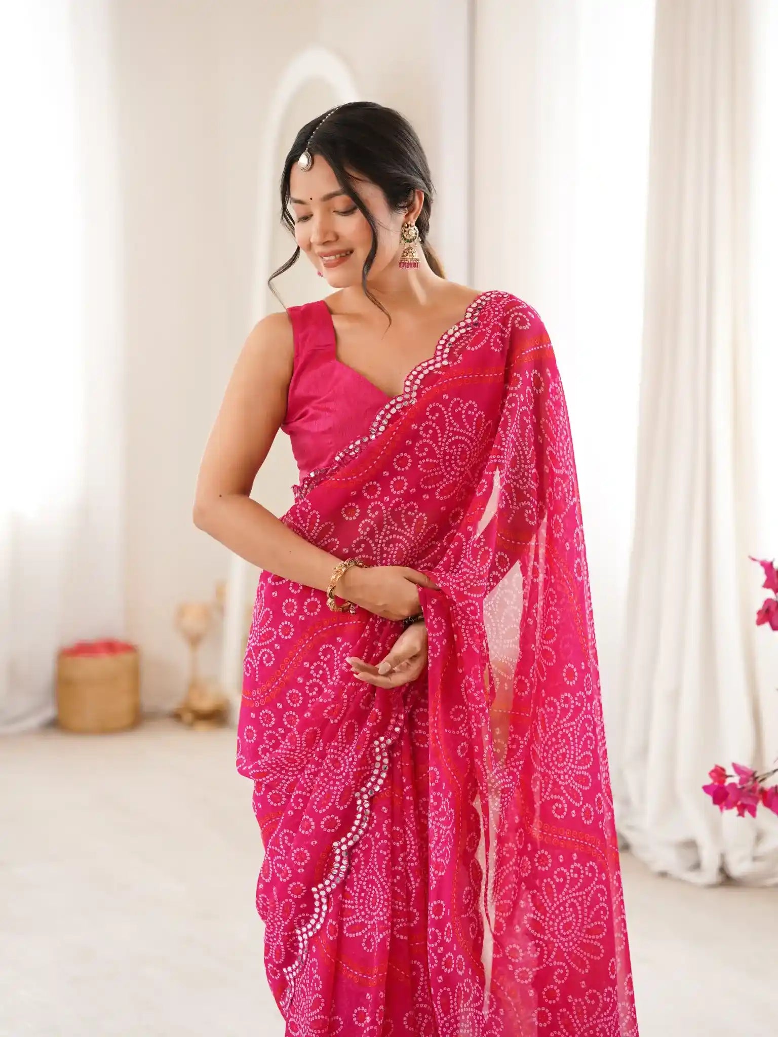 Pink Georgette Bandhani Printed Mirror Work Saree - View 4