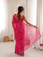 Pink Georgette Bandhani Printed Mirror Work Saree - View 5
